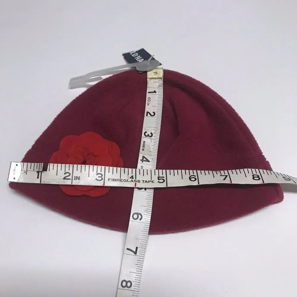 Old Navy Girls Hat Size 12-24 Mo S‎ Red Plum Fleece Flower Beanie NEW
